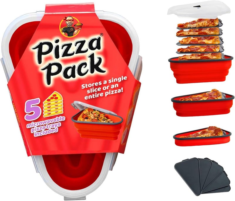 PIZZA PACK The Perfect ™ - Reusable Pizza Storage Container with 5 Microwavable Serving Trays - BPA-Free Adjustable Pizza Slice Container to Organize & Save Space, Red - Image 1